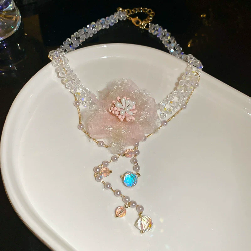 Wholesale Fabric Flower Pearl Diamond Women's Necklace With Sweet Design And Electroplating - Image 9
