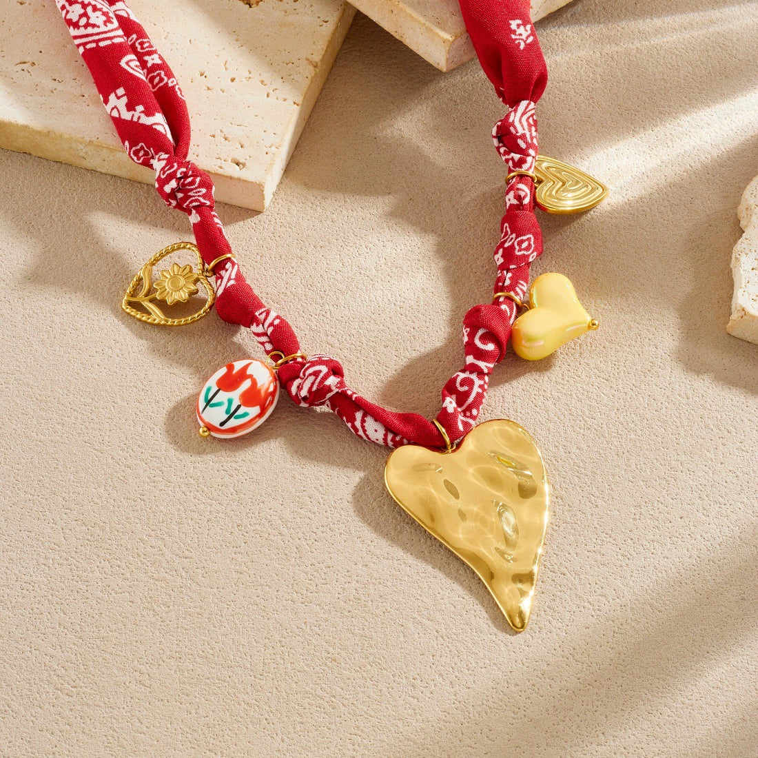 Wholesale Fashion Bohemian Style Fabric Silk Scarf With Electroplated Stainless Steel Heart Water Drop Bell Shaped Pendant Necklace And Bracelet Set For Women - Image 2