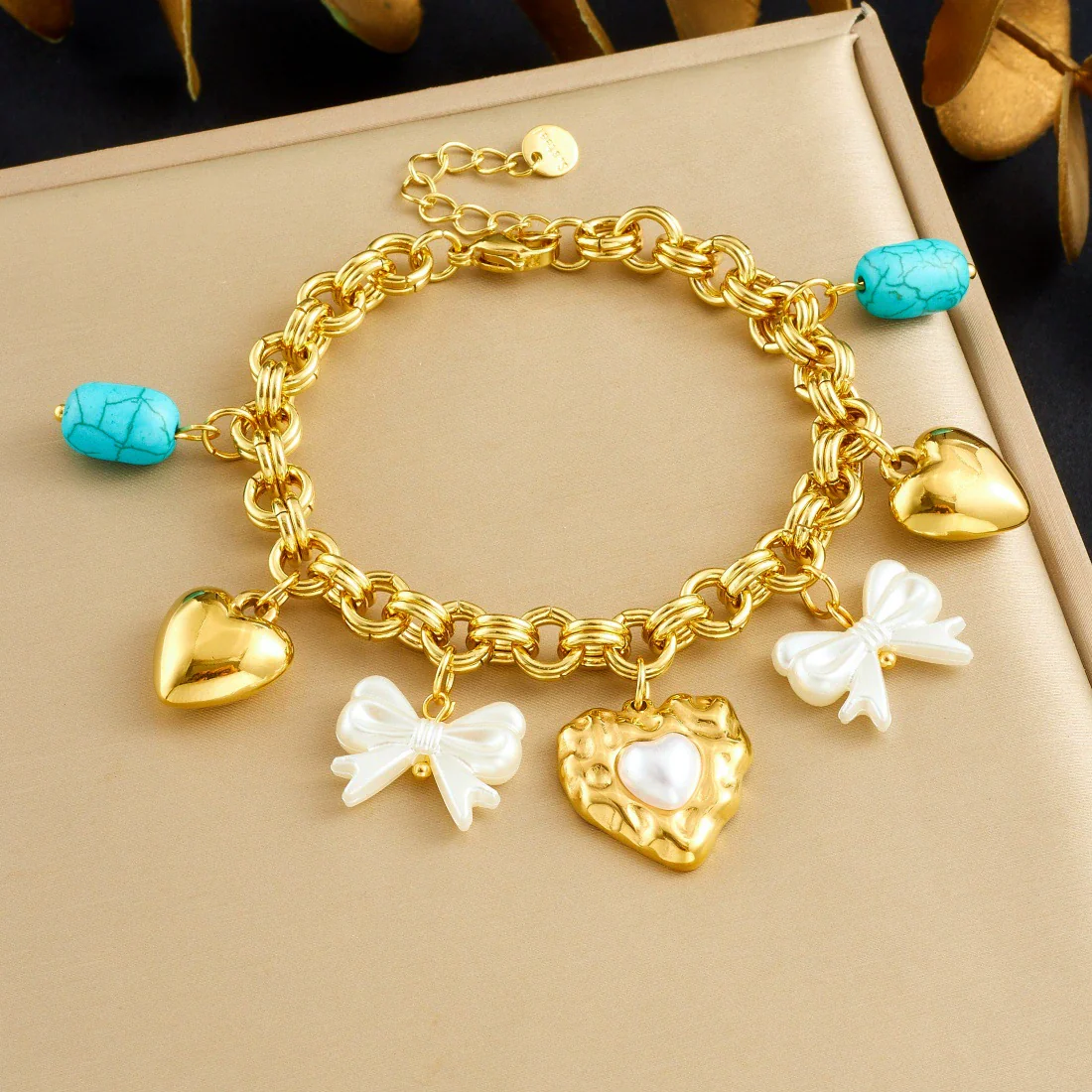 Wholesale Fashion Cute Cartoon Diy Pearl Heart Bow Tie Pendant Gold Plated Stainless Steel Bracelet For Women