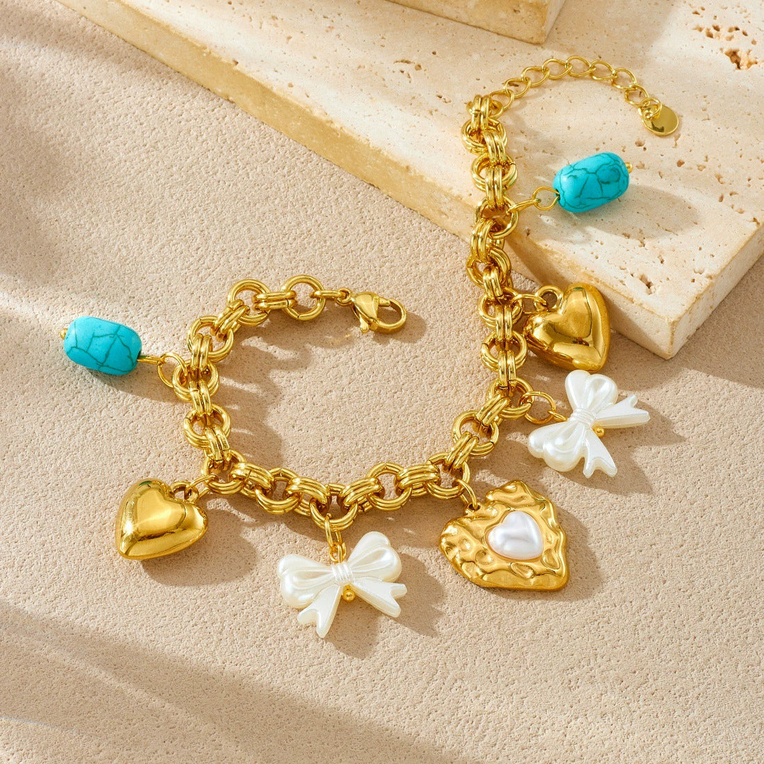 Wholesale Fashion Cute Cartoon Diy Pearl Heart Bow Tie Pendant Gold Plated Stainless Steel Bracelet For Women - Image 3