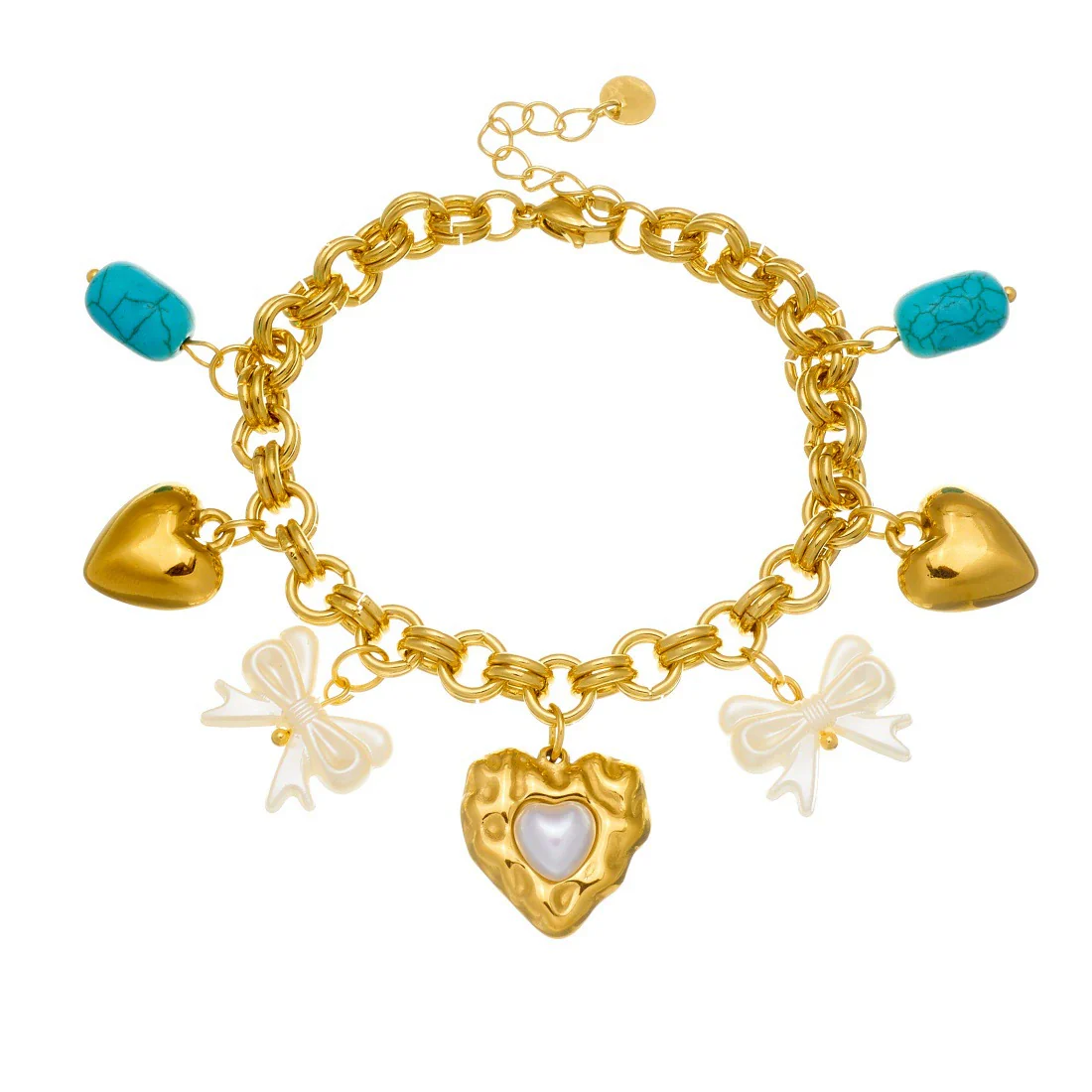 Wholesale Fashion Cute Cartoon Diy Pearl Heart Bow Tie Pendant Gold Plated Stainless Steel Bracelet For Women - Image 5
