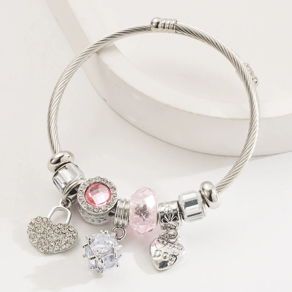 Wholesale Fashion Diamond Heart Shape Alloy Adjustable Couple Bracelet With Love Pendant For Women - Image 5