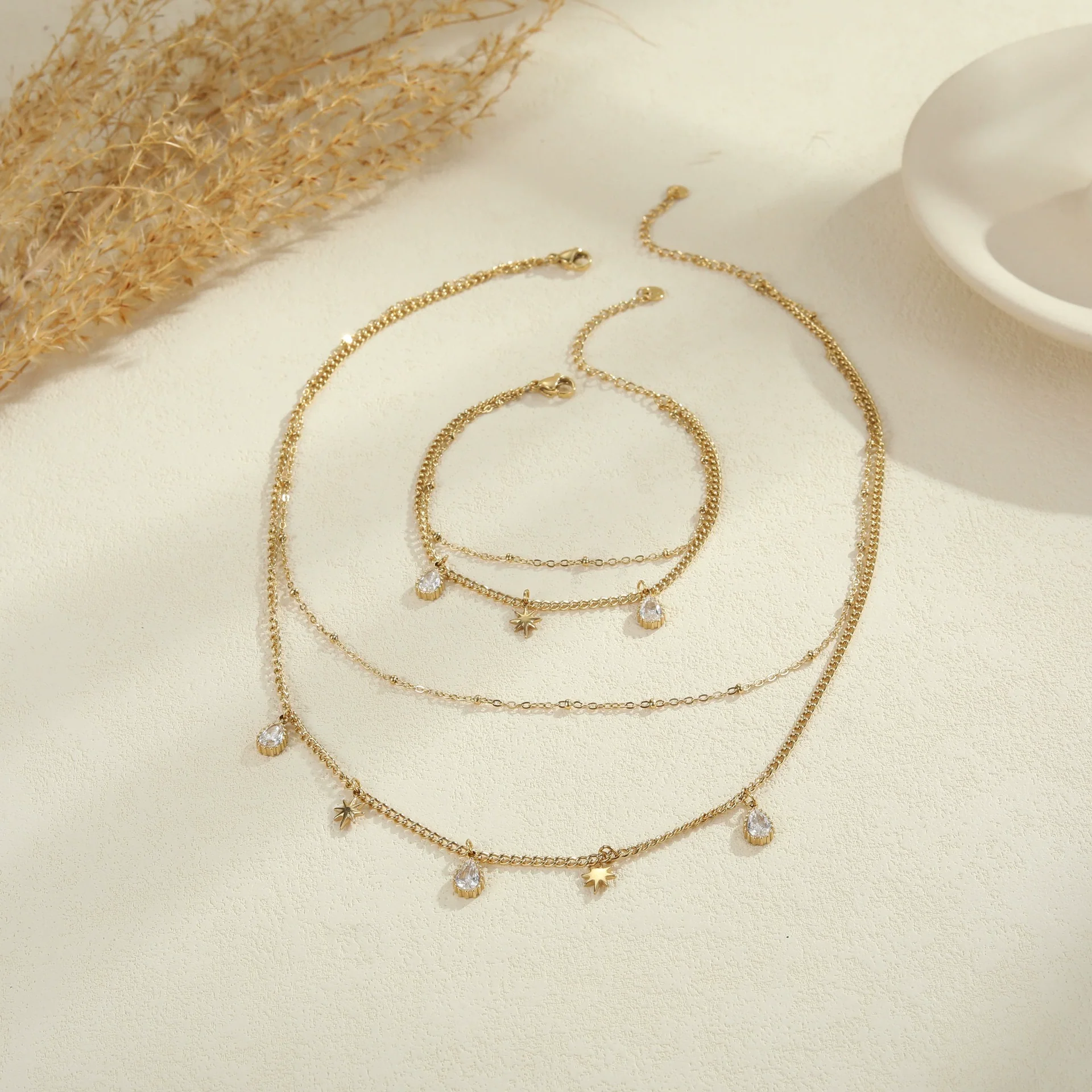 Wholesale Fashion Doublelayer Stacked Clavicle Chain Stainless Steel Bracelet With Geometric Pattern And Eightpointed Star Inlaid With Zircon For Women Electroplated - Image 2