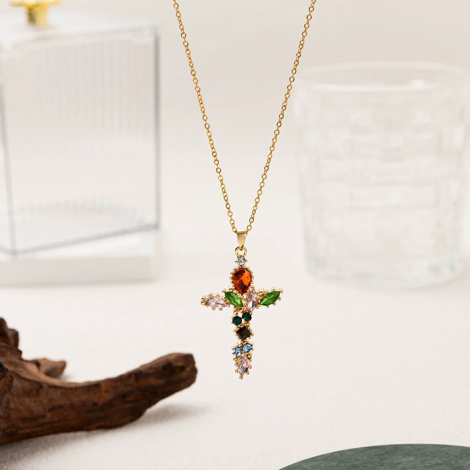 Wholesale Fashion Geometric Cross Necklace And Flower Bracelet Copper Electroplated Inlaid Zircon - Image 3