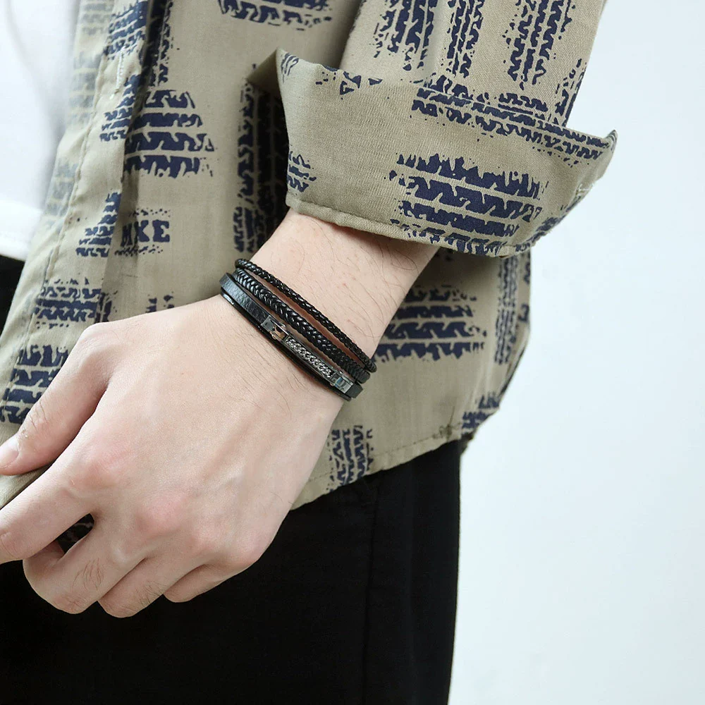 Wholesale Fashion Multilayer Stainless Steel Woven Leather Men's Bracelet Jewelry - Image 4