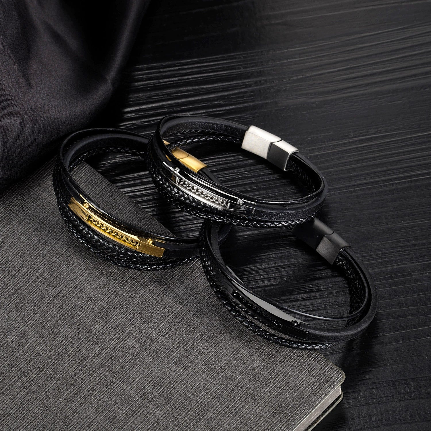 Wholesale Fashion Multilayer Stainless Steel Woven Leather Men's Bracelet Jewelry - Image 5