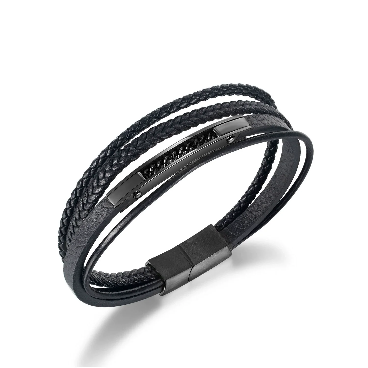Wholesale Fashion Multilayer Stainless Steel Woven Leather Men's Bracelet Jewelry - Image 6