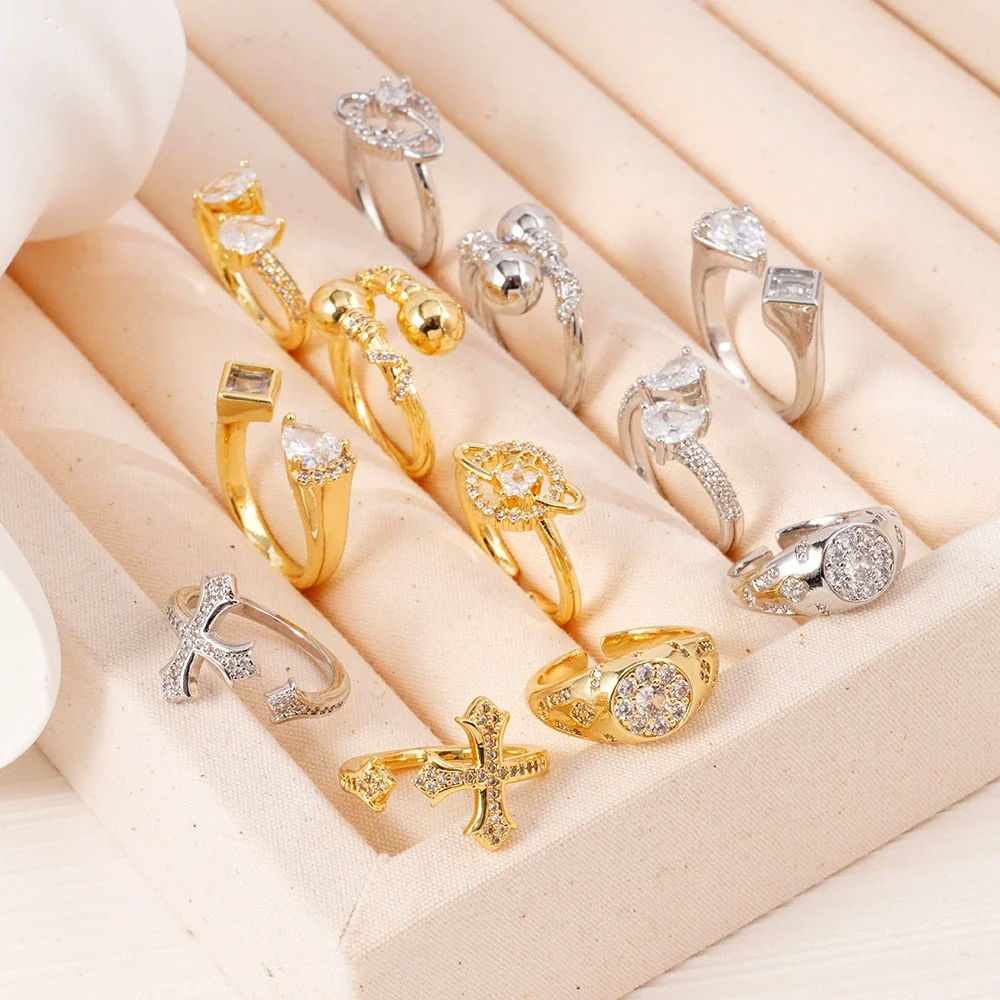 Wholesale Fashion Retro Simple Love Copper Ring Inlaid Zircon With Geometric Pattern And Electroplating For Women - Image 2