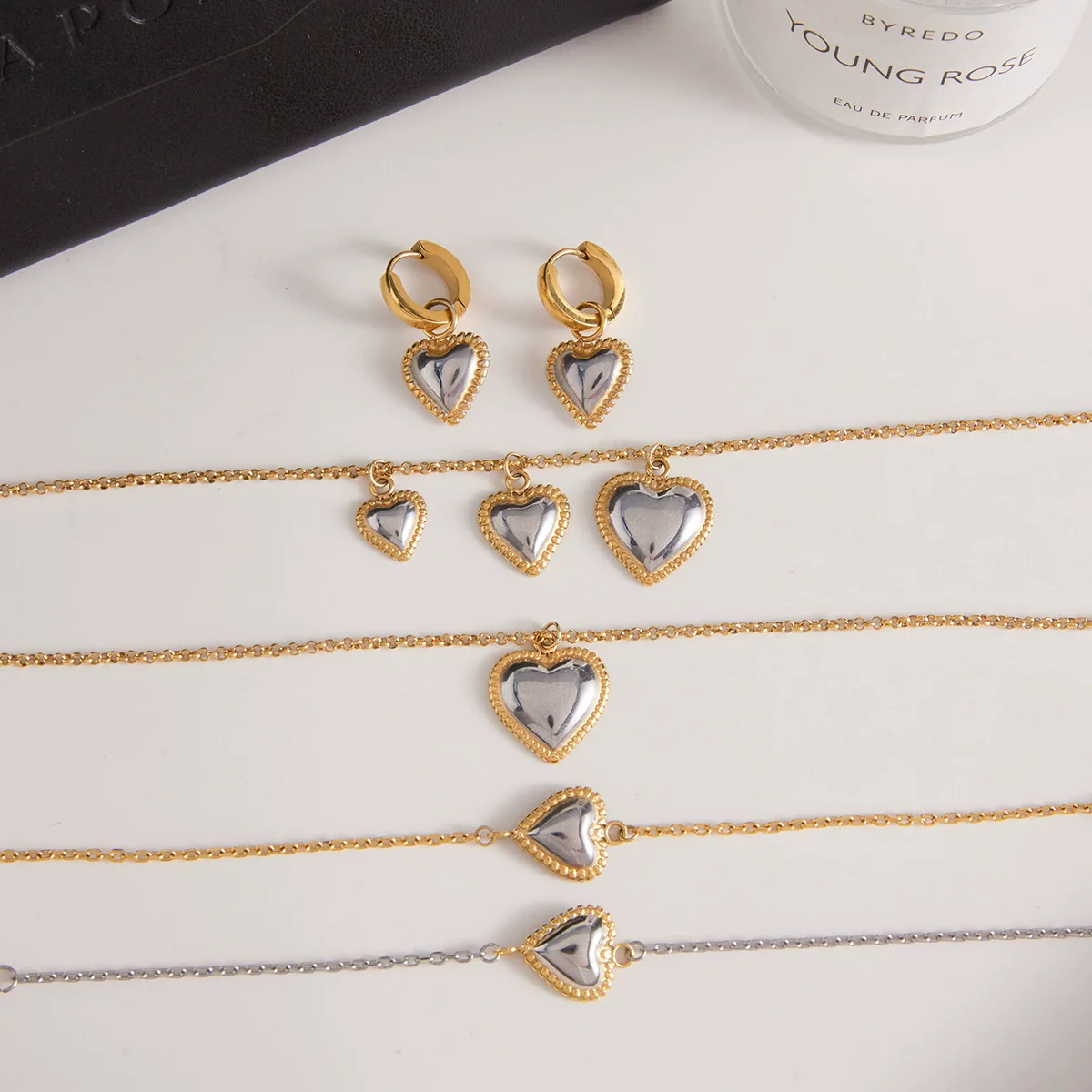 Wholesale Fashion Stainless Steel Electroplated Heart Water Drop Bell Pendant Necklace Earrings Bracelets Set For Women - Image 3