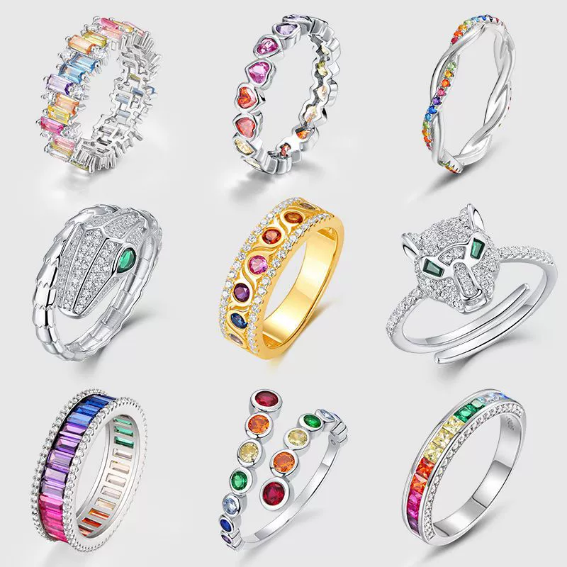 Wholesale Fashion Women's Geometric Rainbow Zircon Ring S925 Silver Inlaid With Color Treasures