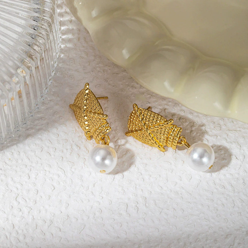Wholesale Fashion Woven Texture Titanium Steel And Pearl Earrings With Geometric Rhombus And Star Patterns Electroplated For Women - Image 3