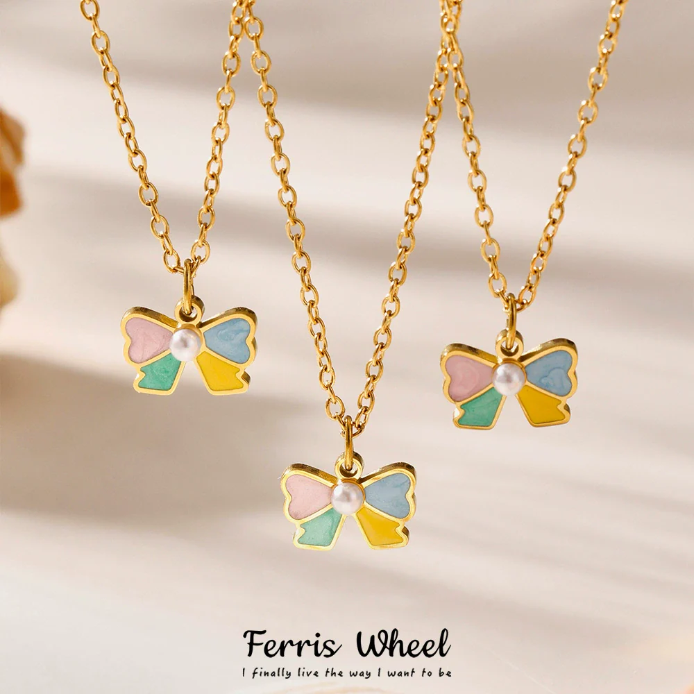 Wholesale Ferris Wheel Colorful Oil Dripping Bow Kids Jewelry Set Stainless Steel Enamel Glaze Geometric Electroplating