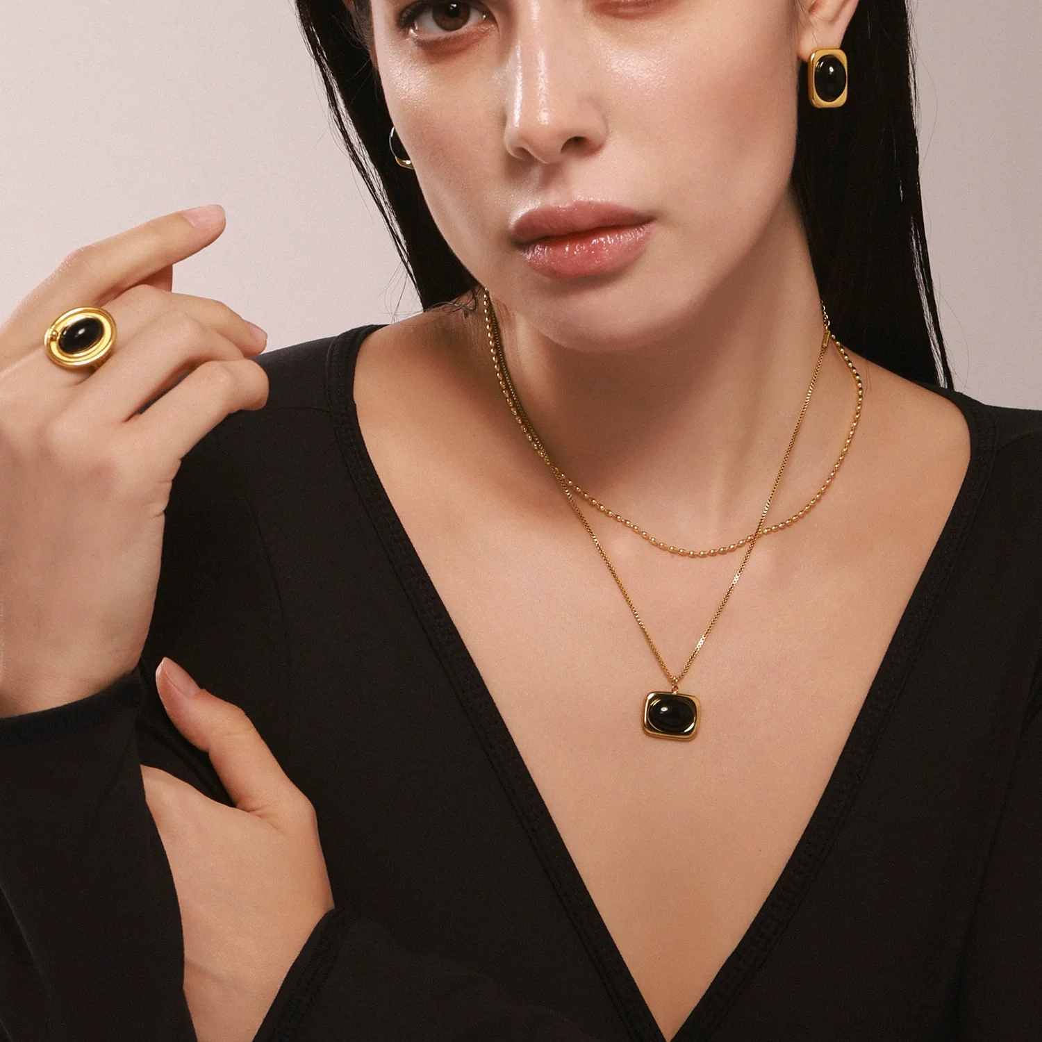 Wholesale Ferris Wheel Earrings And Necklace Set For Women Made Of Stainless Steel And Black Onyx With Titanium Steel Pendant And 18K Real Gold Electroplating - Image 3