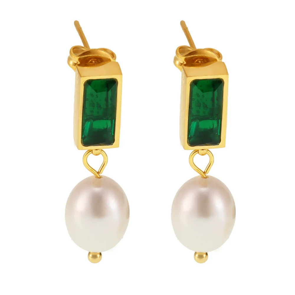 Wholesale Ferris Wheel Light Luxury Geometric Emerald Zircon Freshwater Pearl Electroplated Earrings For Women - Image 5