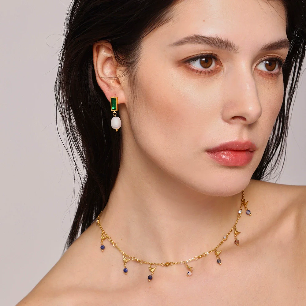 Wholesale Ferris Wheel Light Luxury Geometric Emerald Zircon Freshwater Pearl Electroplated Earrings For Women - Image 6