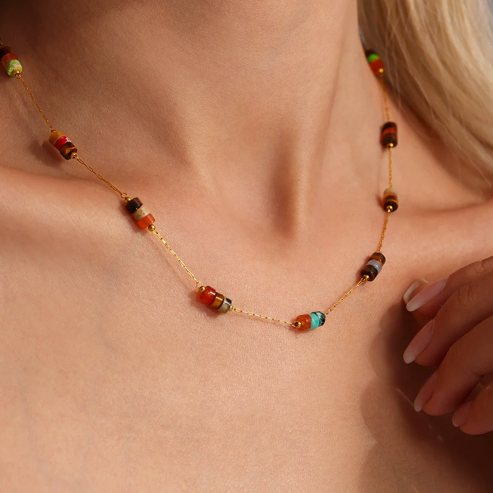 Wholesale Ferris Wheel Retro Maillard Style Light Luxury Electroplated Natural Stone Beaded Necklace And Bracelet Set For Women - Image 3