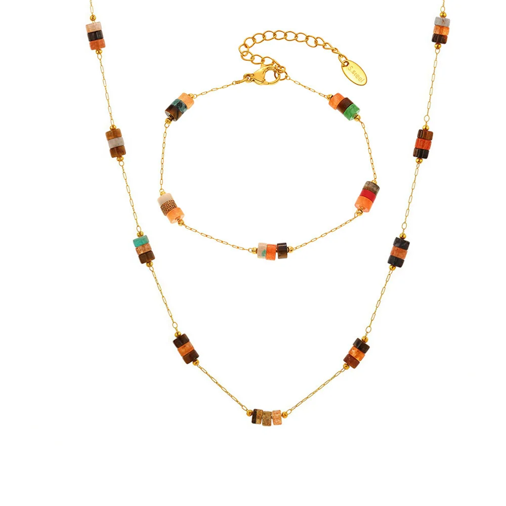 Wholesale Ferris Wheel Retro Maillard Style Light Luxury Electroplated Natural Stone Beaded Necklace And Bracelet Set For Women - Image 5