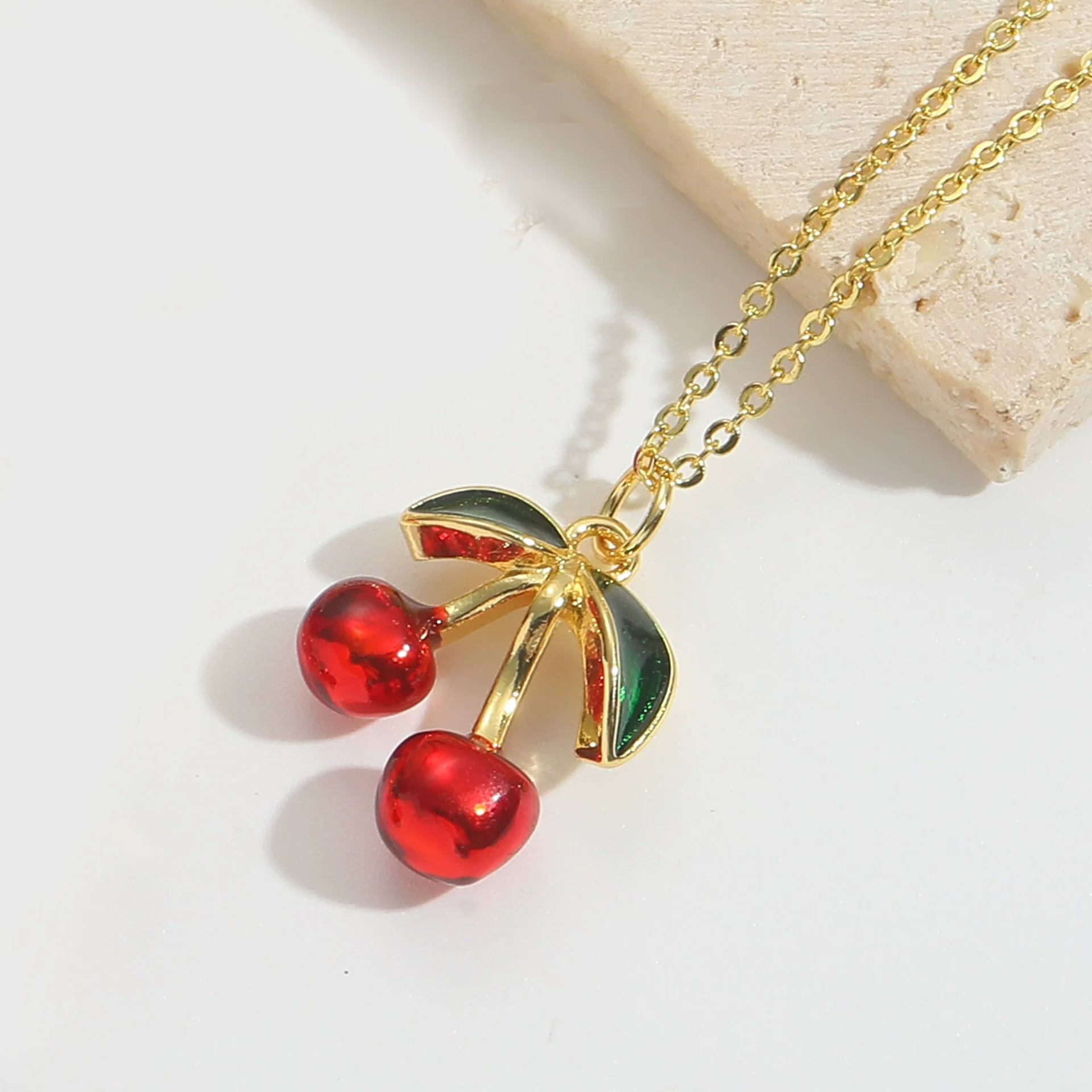 Wholesale Fruit Series Cherry Shape Pendant Clavicle Chain Necklace For Women Copper Electroplating Mixed Gemstone Setting Geometric Style - Image 8