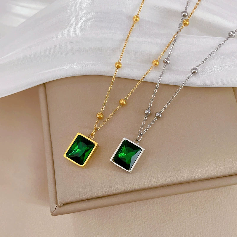 Wholesale Geometric Cartoon Plant Flowers Style Electroplated Titanium Steel Square Emerald Normcore Necklace For Unisex - Image 4