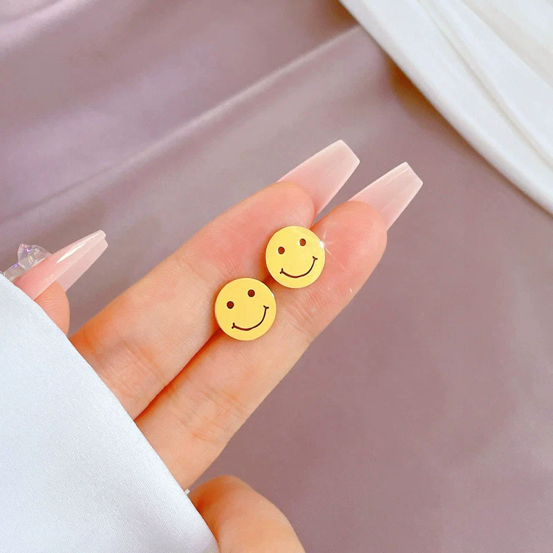 Wholesale Geometric Electroplated Titanium Steel Round Smiley Minimalist Earrings For Men And Women - Image 4