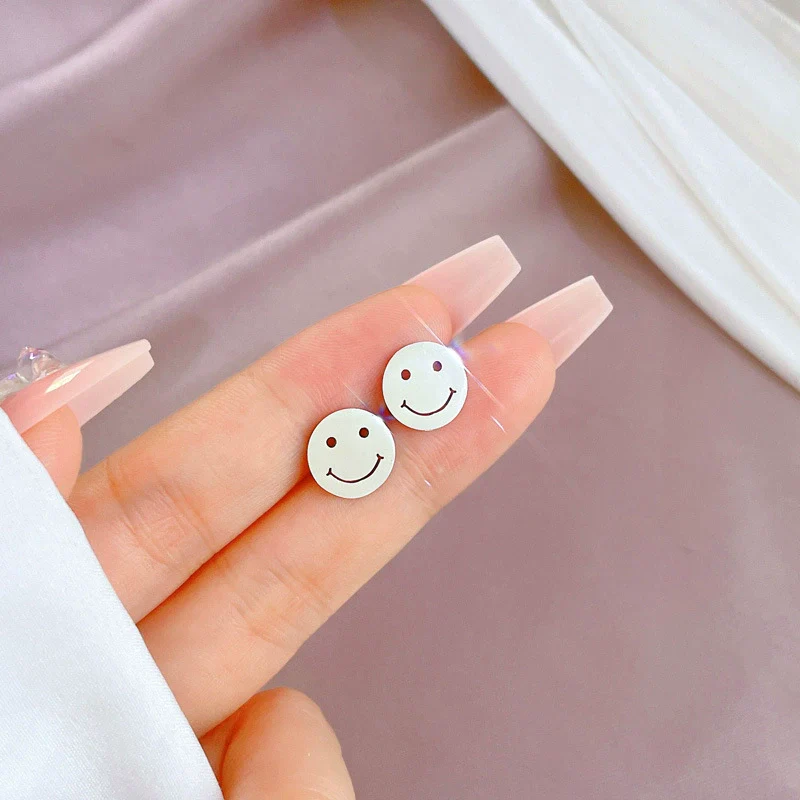 Wholesale Geometric Electroplated Titanium Steel Round Smiley Minimalist Earrings For Men And Women - Image 5