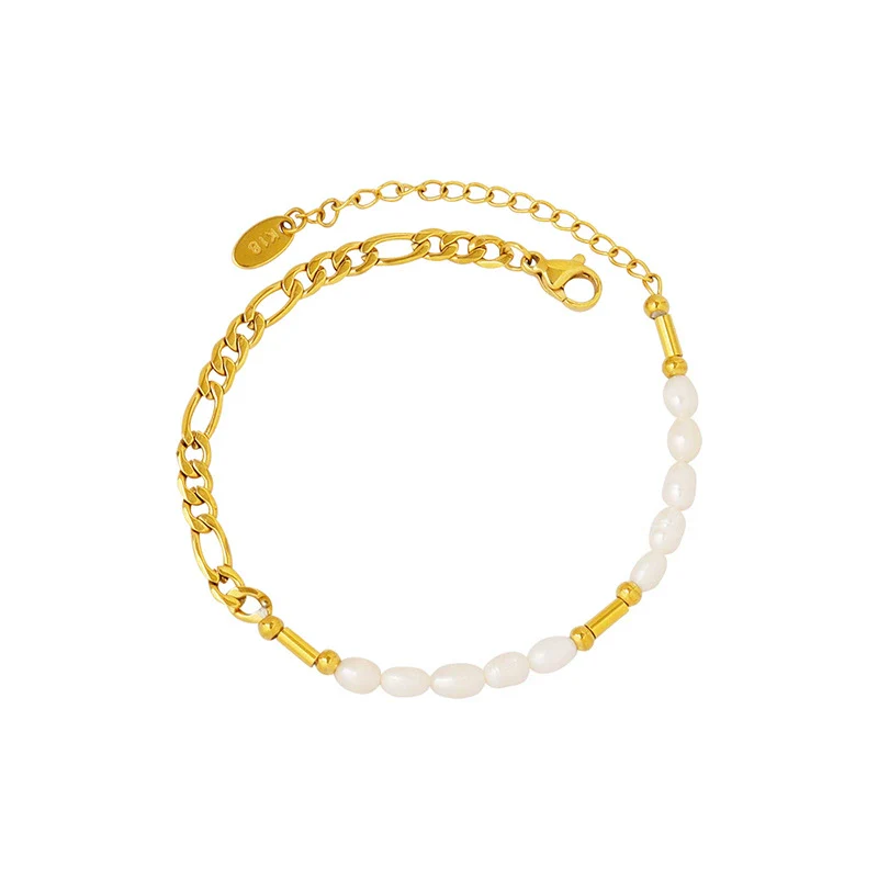 Wholesale Geometric Electroplated Titanium Steel Strip Beaded Chain Bracelet With Freshwater Pearl For Women - Image 4