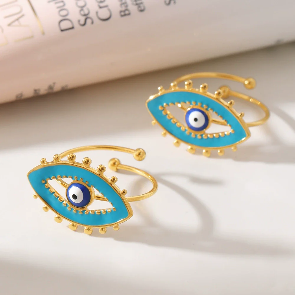 Wholesale Geometric Evil Blue Eye Stainless Steel Enamel Glaze Gold Plated Adjustable Ring For Unisex - Image 2