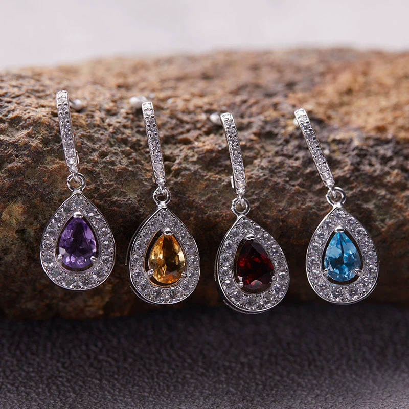 Wholesale Geometric Fashion S925 Sterling Silver Natural Gemstone Amethyst Citrine Topaz Earrings For Women - Image 2