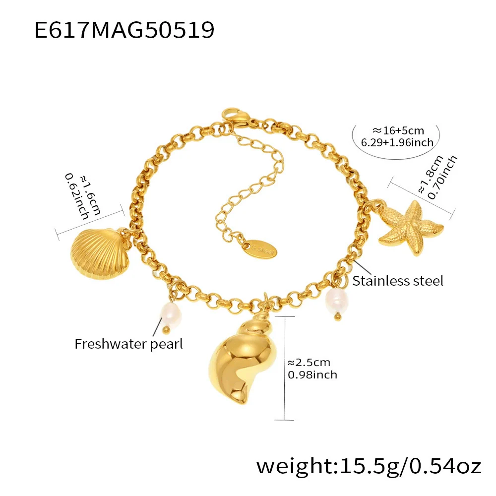 Wholesale Geometric Ferris Wheel Natural Freshwater Pearl Conch Shell Electroplated Stainless Steel Bracelet Anklet For Women - Image 6