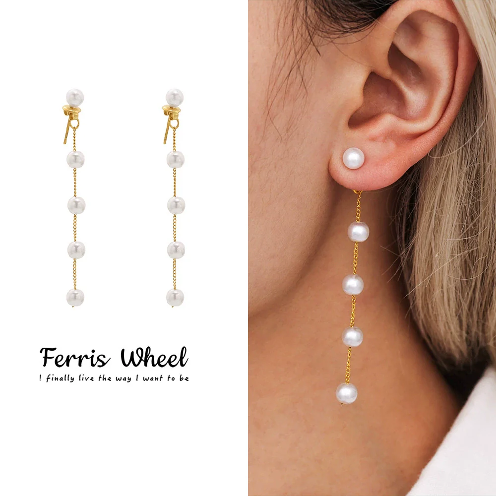 Wholesale Geometric Ferris Wheel Titanium Steel And Shell Beads Electroplated Long Tassel Stud Earrings Unisex Cold Style Elegant All Match Vintage Earrings
