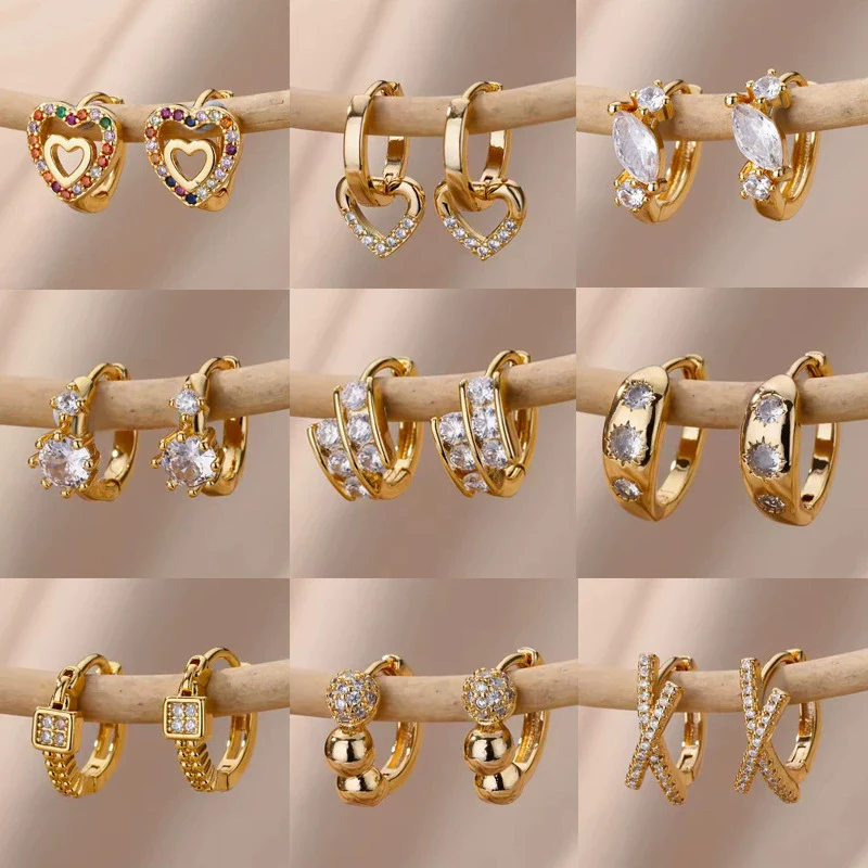 Wholesale Geometric Heartshaped Hollow Earrings Stainless Steel Inlaid With Colored Zircon Gold Edge Button Style Unisex Electroplated