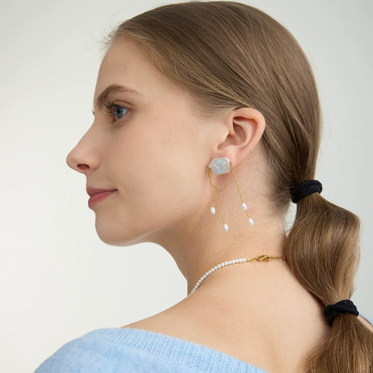 Wholesale Geometric Light Luxury Minimalist Electroplated Stainless Steel Tassel Freshwater Pearl Earrings For Women - Image 3