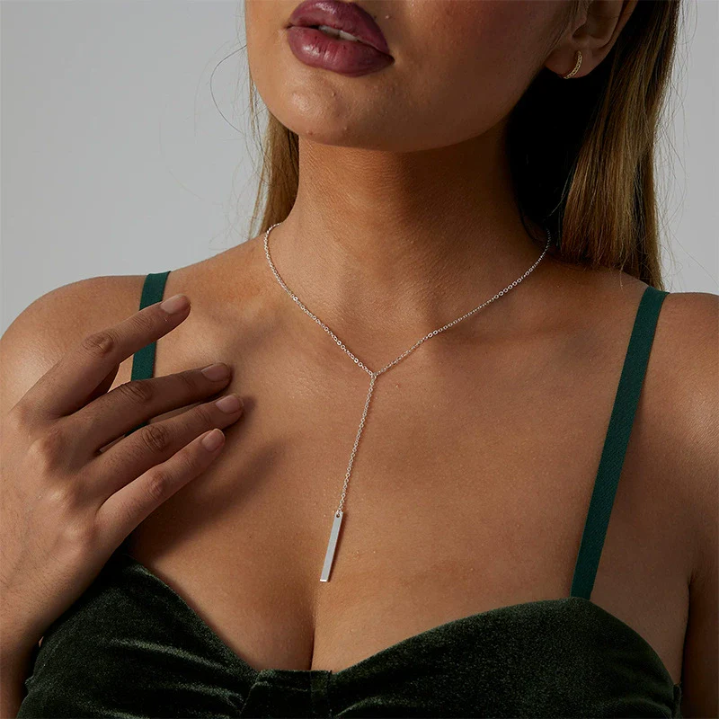Wholesale Geometric Rectangular Pendant Necklace Copper Plated With Real Gold Tassel Long Strip Fashion Women's Clavicle Chain - Image 3