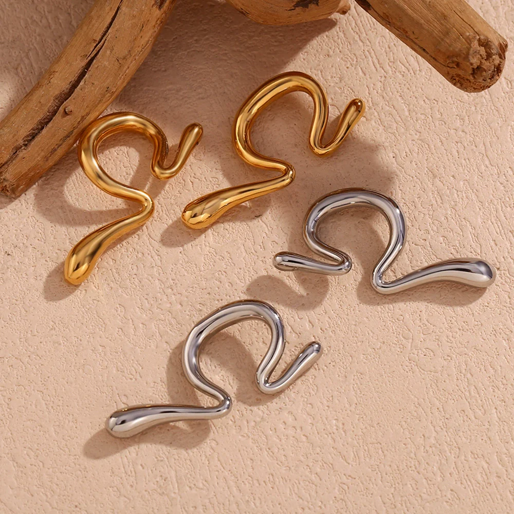 Wholesale Geometric Stainless Steel 18K Gold Plated Asymmetrical Liquid Curved Ear Clip Earrings For Women