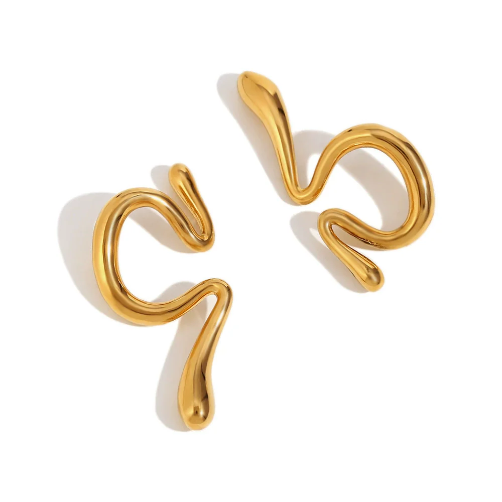 Wholesale Geometric Stainless Steel 18K Gold Plated Asymmetrical Liquid Curved Ear Clip Earrings For Women - Image 6