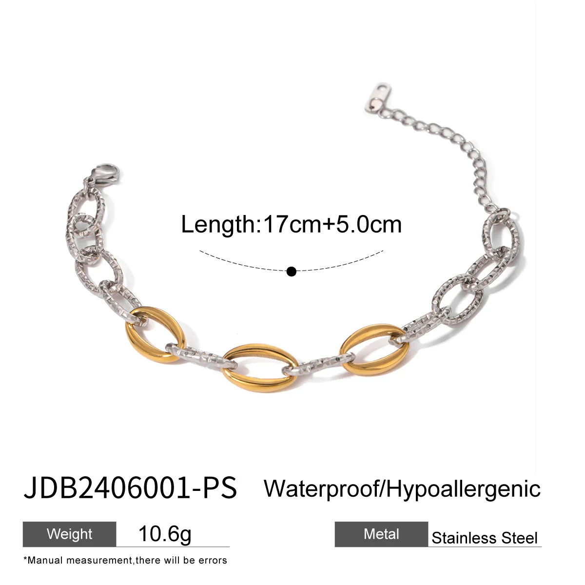 Wholesale Geometric Stainless Steel Electroplated Gold And Silver Color Stitching Hammer Thick Chain Bracelet For Women - Image 6