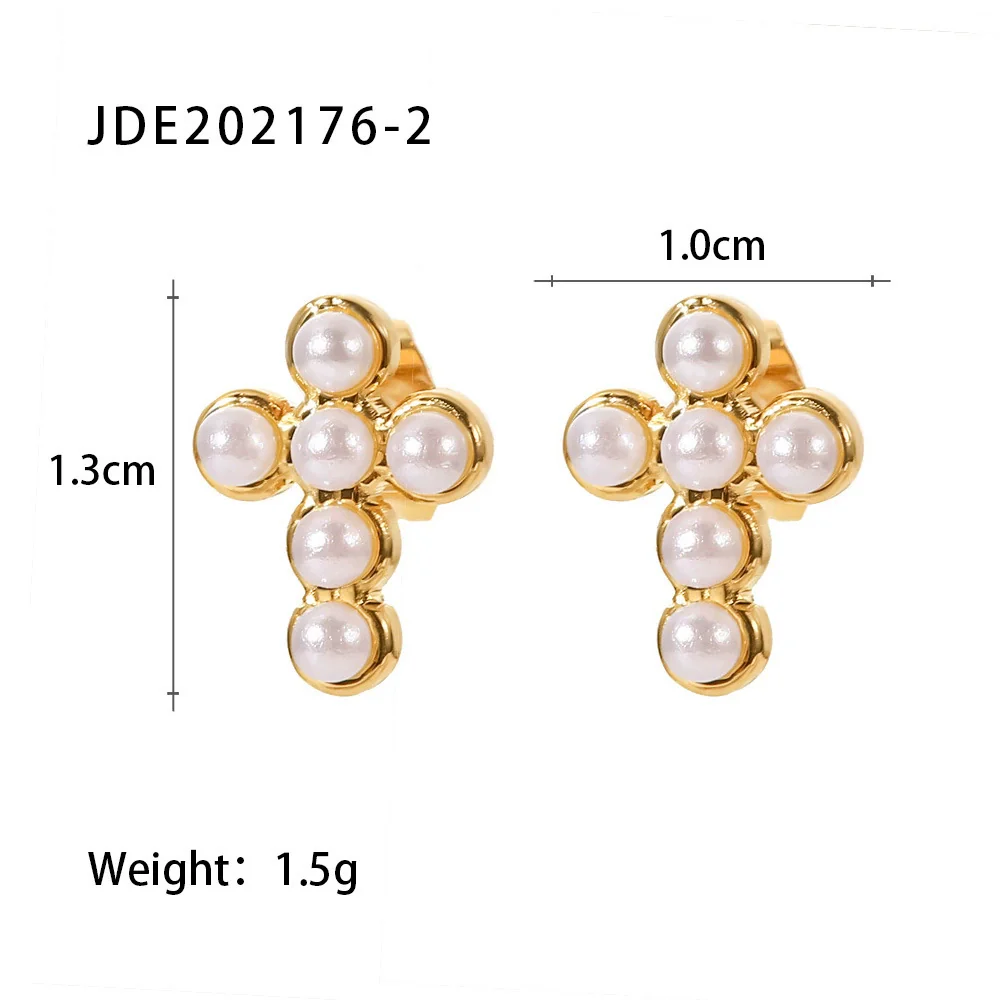 Wholesale Geometric Style Electroplated Stainless Steel Cross Earrings With Diamond Pearl For Women - Image 4