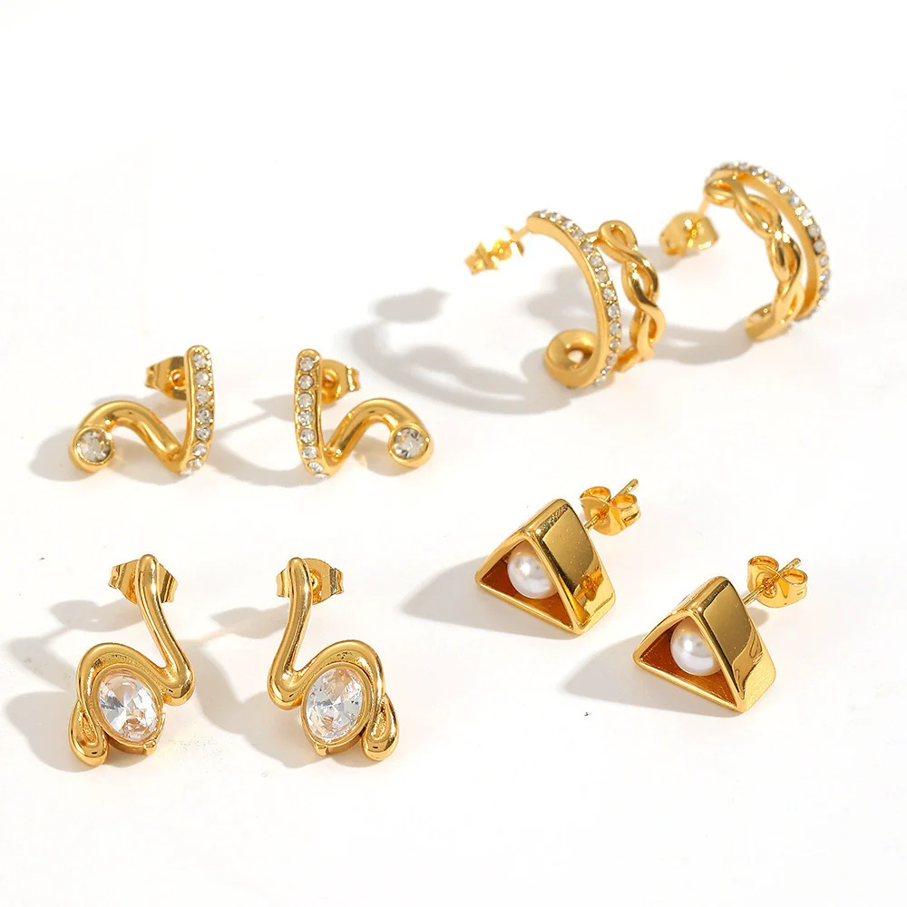 Wholesale Geometric Wave Design Diamond Stainless Steel Earrings For Women - Image 4