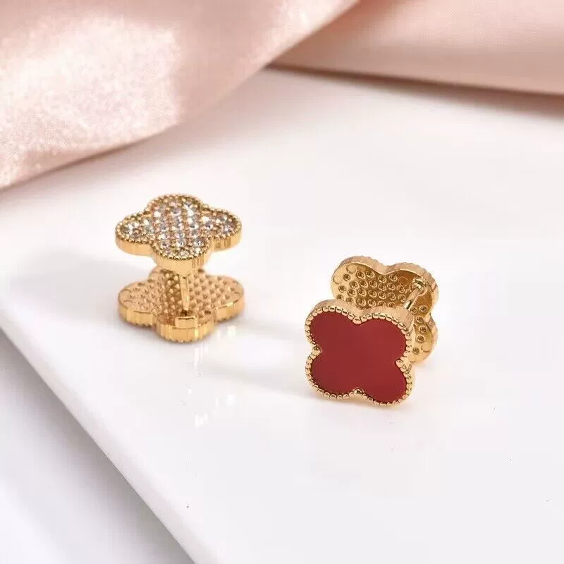 Wholesale Gold Plated Copper Floral Four Leaf Clover Double Sided Stud Earrings For Women - Image 6