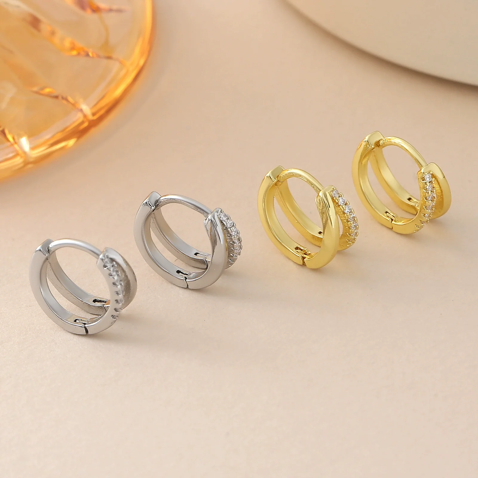 Wholesale Gold Plated Copper Geometric Double Circle Zircon Full Diamond Row Earrings For Women - Image 2