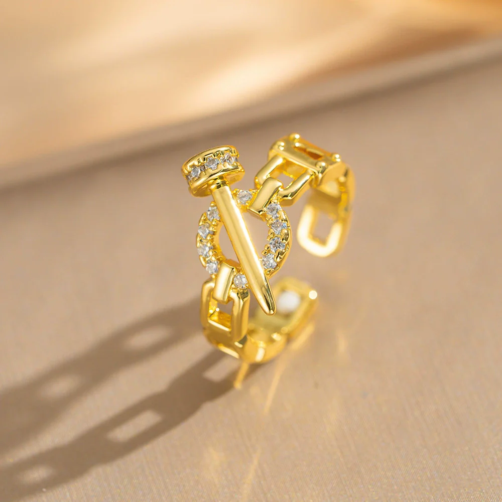 Wholesale Gold Plated Copper Geometric Light Luxury Style Open Hand Jewelry Hip Hop Ring Bracelet For Women - Image 4