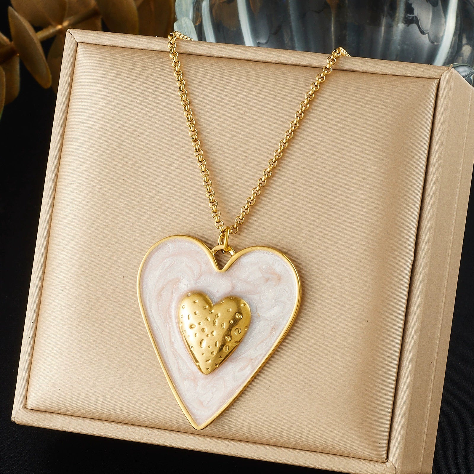 Wholesale Gold Plated Stainless Steel Double Heart Pendant Box Chain Necklace For Women - Image 6