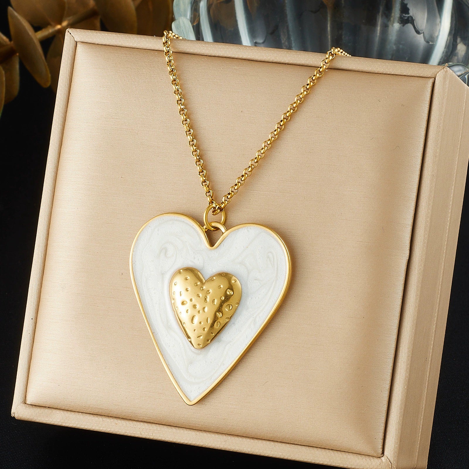 Wholesale Gold Plated Stainless Steel Double Heart Pendant Box Chain Necklace For Women - Image 7