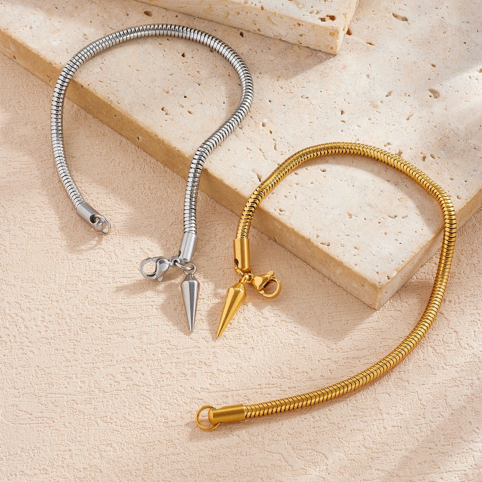 Wholesale Gold Plated Stainless Steel Drop Shape Bracelet With Rivet Pendant And Thick Bar Design For Women - Image 3