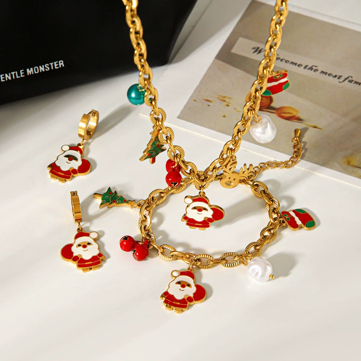 Wholesale Gold Plated Stainless Steel Jewelry For Women With Cartoon Geometric Animal Zodiac Patterns And Oil Drop Christmas Tree Bell Elk Shapes Oshaped Chain - Image 3