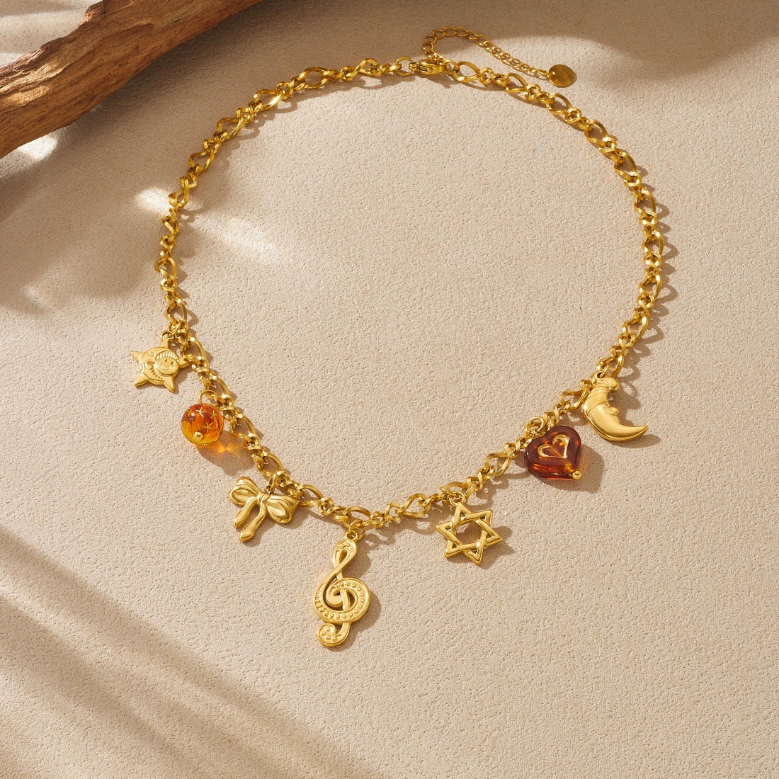 Wholesale Goldplated Medieval Style Musical Note Bow Star Moon Face Stainless Steel Pendant Necklace With Flash O Chain For Women - Image 3