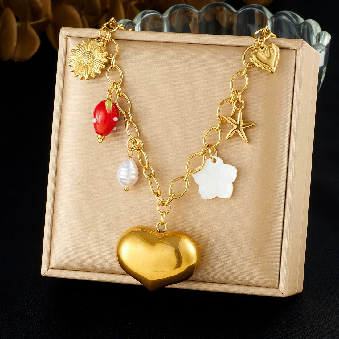 Wholesale Goldplated Stainless Steel Heartshaped Pendant Necklace For Women With Cross Round Chain In Chic Style