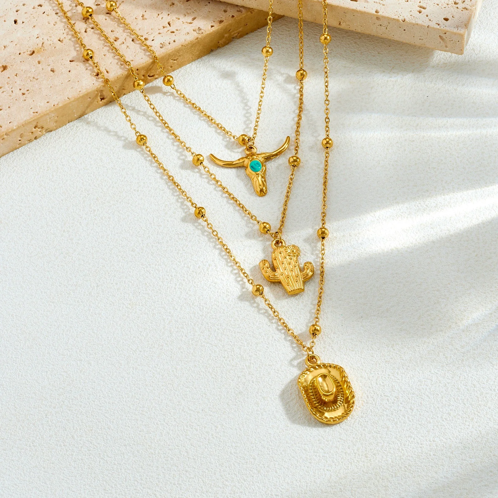 Wholesale Goldplated Stainless Steel Multilayered Cactus Pendant Necklace For Women In Medieval Style With Bead Chain - Image 3