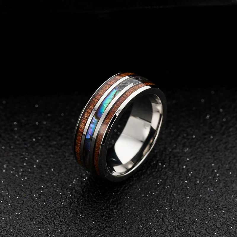 Wholesale Hand Jewelry Titanium Steel Ring Inlaid With Wood Grain Imitation Shell Geometric Dripping Oil Unisex - Image 3
