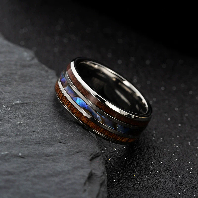 Wholesale Hand Jewelry Titanium Steel Ring Inlaid With Wood Grain Imitation Shell Geometric Dripping Oil Unisex - Image 4